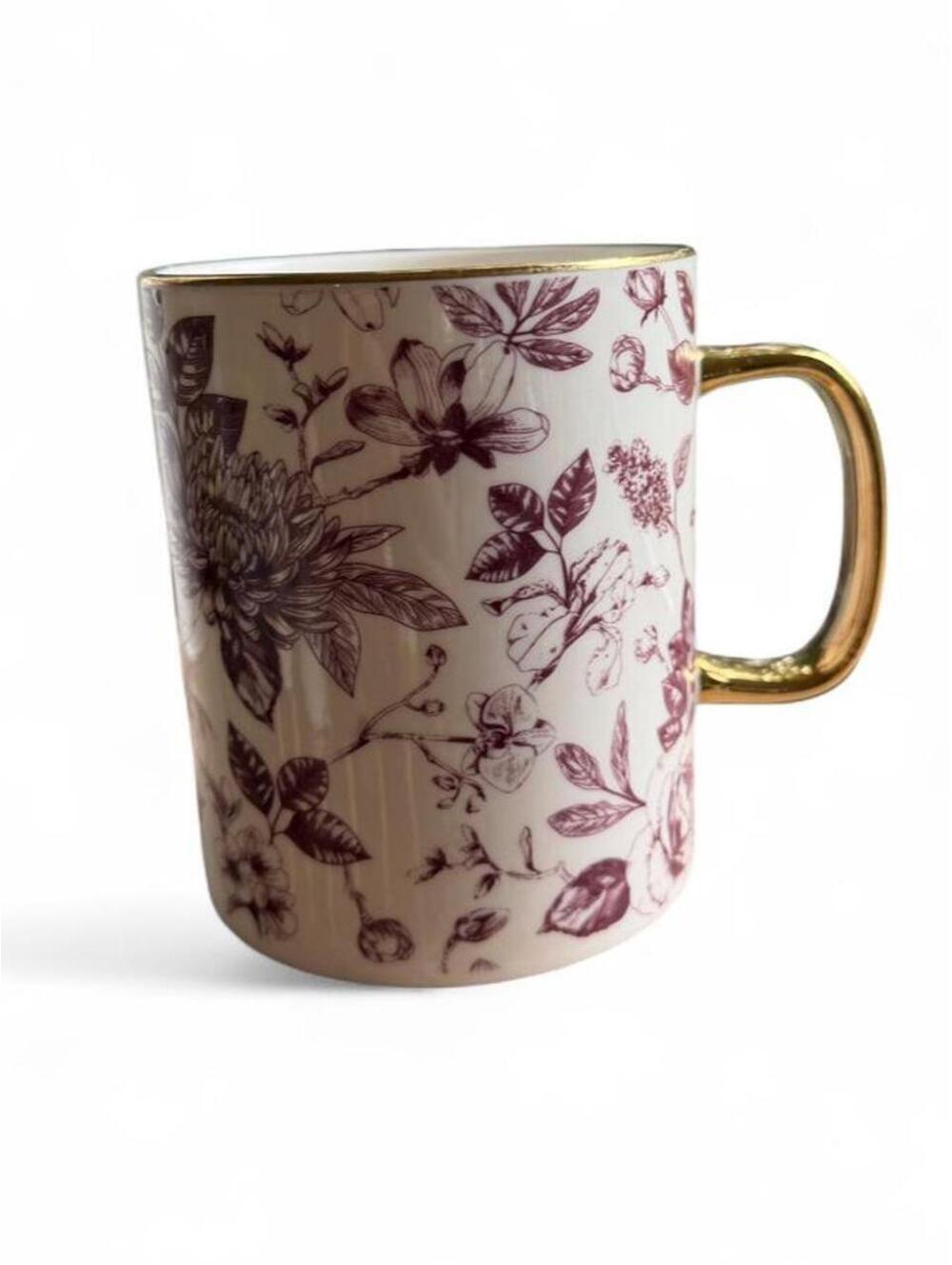 Medici White mug with burgundy floral design and gold handle